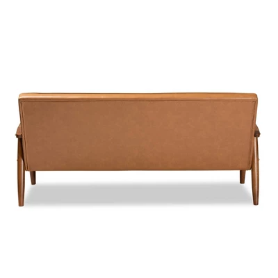 Sorrento Mid-Century Faux Leather Upholstered Wood Sofa Walnut/Brown - Baxton Studio 3 Sorrento Mid-Century Faux Leather Upholstered Wood Sofa Walnut/Brown - Baxton Studio - Image 3