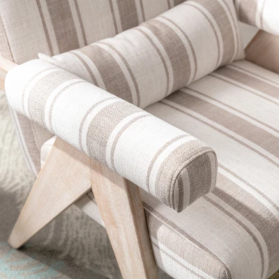 Megan 27.56" Wide Striped Upholstered Seat And Lumbar Pillow With Oak "V" Shape Solid Wood Legs Accent Chair With Arm Pads-The Pop Maison 6 Megan 27.56" Wide Striped Upholstered Seat And Lumbar Pillow With Oak "V" Shape Solid Wood Legs Accent Chair With Arm Pads-The Pop Maison - Image 6