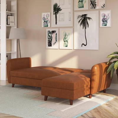 Perry Sectional Futon With Storage Convertible Sleeper Camel Faux Leather - Novogratz 3 Perry Sectional Futon With Storage Convertible Sleeper Camel Faux Leather - Novogratz - Image 3