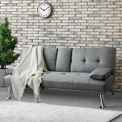 Costway Convertible Folding Futon Sofa Bed Fabric W/2 Cup Holders Light Gray/Dark Gray 3 Costway Convertible Folding Futon Sofa Bed Fabric W/2 Cup Holders Light Gray/Dark Gray - Image 3