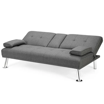 Costway Convertible Folding Futon Sofa Bed Fabric W/2 Cup Holders Light Gray/Dark Gray 4 Costway Convertible Folding Futon Sofa Bed Fabric W/2 Cup Holders Light Gray/Dark Gray - Image 4