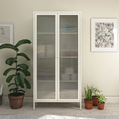 RealRooms Shadwick 2 Door Tall Metal Locker Style Storage Cabinet-Fluted Glass Doors 1 RealRooms Shadwick 2 Door Tall Metal Locker Style Storage Cabinet-Fluted Glass Doors