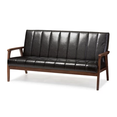 Nikko Mid-Century Modern Scandinavian Style Faux Leather Wooden 3 Seater Sofa - Baxton Studio 4 Nikko Mid-Century Modern Scandinavian Style Faux Leather Wooden 3 Seater Sofa - Baxton Studio - Image 4
