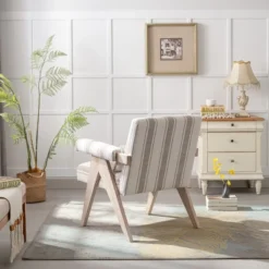 Megan 27.56" Wide Striped Upholstered Seat And Lumbar Pillow With Oak "V" Shape Solid Wood Legs Accent Chair With Arm Pads-The Pop Maison 13 Megan 27.56" Wide Striped Upholstered Seat And Lumbar Pillow With Oak "V" Shape Solid Wood Legs Accent Chair With Arm Pads-The Pop Maison -Baxton Studio Sales Shop GUEST 3ea7aa64 4e1d 46b1 aa26 91c8864f42e5