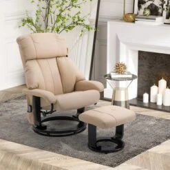 HOMCOM Recliner With Ottoman Footrest, Recliner Chair With Vibration Massage, Faux Leather And Swivel Wood Base For Living Room And Bedroom