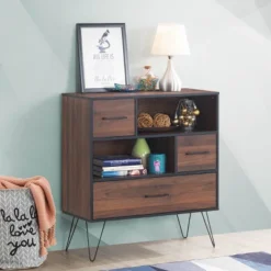 Costway Sideboard Storage Cabinet Multipurpose Display Unit W/Metal Leg & Drawers Walnut
