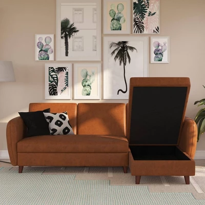 Perry Sectional Futon With Storage Convertible Sleeper Camel Faux Leather - Novogratz 4 Perry Sectional Futon With Storage Convertible Sleeper Camel Faux Leather - Novogratz - Image 4