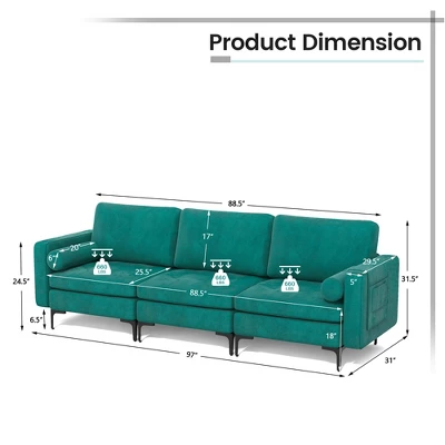 Costway Modular 3-Seat Sofa Couch W/ Socket USB Ports & Side Storage Pocket Teal 4 Costway Modular 3-Seat Sofa Couch W/ Socket USB Ports & Side Storage Pocket Teal - Image 4