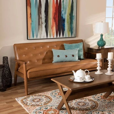 Sorrento Mid-Century Faux Leather Upholstered Wood Sofa Walnut/Brown - Baxton Studio 6 Sorrento Mid-Century Faux Leather Upholstered Wood Sofa Walnut/Brown - Baxton Studio - Image 6