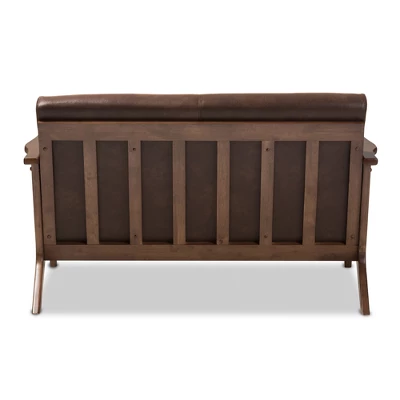 Bianca Mid-Modern Walnut Wood Distressed Faux Leather 2 Seater Loveseat Dark Brown - Baxton Studio 3 Bianca Mid-Modern Walnut Wood Distressed Faux Leather 2 Seater Loveseat Dark Brown - Baxton Studio - Image 3