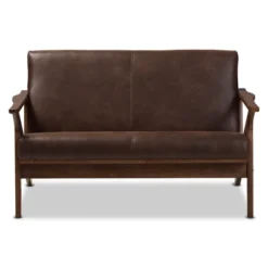 Bianca Mid-Modern Walnut Wood Distressed Faux Leather 2 Seater Loveseat Dark Brown - Baxton Studio
