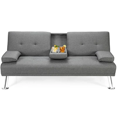 Costway Convertible Folding Futon Sofa Bed Fabric W/2 Cup Holders Light Gray/Dark Gray 10 Costway Convertible Folding Futon Sofa Bed Fabric W/2 Cup Holders Light Gray/Dark Gray - Image 10