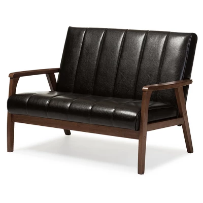 Nikko Mid-Century Modern Scandinavian Style Faux Leather Wooden 2 Seater Loveseat - Baxton Studio 5 Nikko Mid-Century Modern Scandinavian Style Faux Leather Wooden 2 Seater Loveseat - Baxton Studio - Image 5