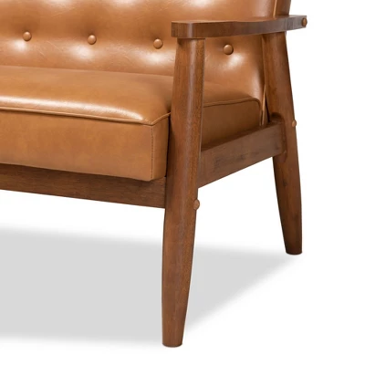 Sorrento Mid-Century Faux Leather Upholstered Wood Sofa Walnut/Brown - Baxton Studio 5 Sorrento Mid-Century Faux Leather Upholstered Wood Sofa Walnut/Brown - Baxton Studio - Image 5