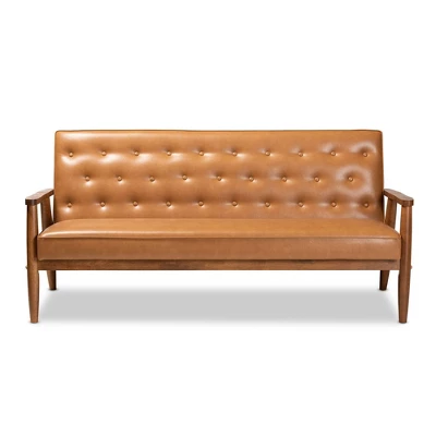 Sorrento Mid-Century Faux Leather Upholstered Wood Sofa Walnut/Brown - Baxton Studio 1 Sorrento Mid-Century Faux Leather Upholstered Wood Sofa Walnut/Brown - Baxton Studio
