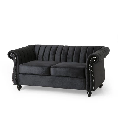 Glenmont Modern Glam Channel Stitch Velvet Loveseat With Nailhead Trim - Christopher Knight Home 6 Glenmont Modern Glam Channel Stitch Velvet Loveseat With Nailhead Trim - Christopher Knight Home - Image 6