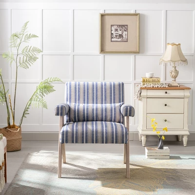 Megan 27.56" Wide Striped Upholstered Seat And Lumbar Pillow With Oak "V" Shape Solid Wood Legs Accent Chair With Arm Pads-The Pop Maison 10 Megan 27.56" Wide Striped Upholstered Seat And Lumbar Pillow With Oak "V" Shape Solid Wood Legs Accent Chair With Arm Pads-The Pop Maison - Image 10