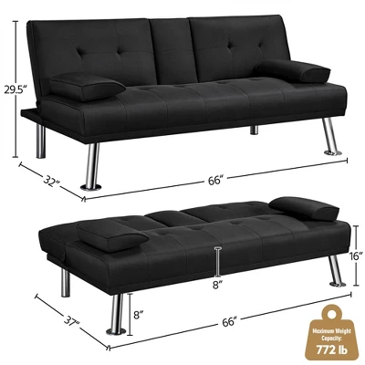 Yaheetech Convertible Futon Sofa Bed Tufted Fabric Futon With Cupholders And Pillows 2 Yaheetech Convertible Futon Sofa Bed Tufted Fabric Futon With Cupholders And Pillows - Image 2