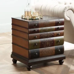 Crestview Collection Vintage Traditional Chestnut Wood Rectangular Accent Side End Table 23" X 20" With 3-Drawer Brown Golden Library Book For Spaces