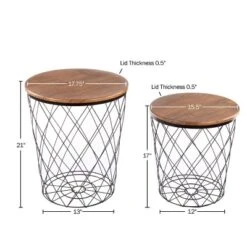 End Table With Storage β Set Of 2 Round Nesting Tables With Diamond Pattern Wire Basket Wood Tops, Industrial Farmhouse Side Table By Lavish Home