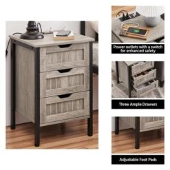 Yaheetech Rustic Side Table With 3 Drawers And Charging Station, Gray -Baxton Studio Sales Shop GUEST bc98bda2 56fb 438a 986a f4451e1d758e