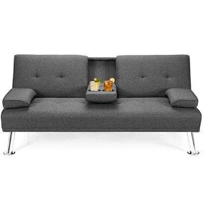 Costway Convertible Folding Futon Sofa Bed Fabric W/2 Cup Holders Light Gray/Dark Gray 11 Costway Convertible Folding Futon Sofa Bed Fabric W/2 Cup Holders Light Gray/Dark Gray - Image 11